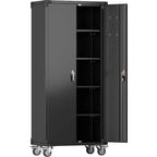 Armoire de rangement de garage avec roues et panneau perforé, armoire de rangement métallique verrouillable de 72 po de hauteur avec 2 portes et 4 étagères réglables pour atelier de garage