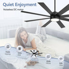 Ventilateur de plafond de 65 pouces à 8 pales noires avec lumière LED et télécommande