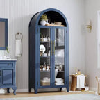 Haut meuble de rangement arqué avec portes vitrées, bibliothèque de présentation à 5 niveaux avec étagères réglables pour cuisine ou salon