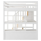 Lit mezzanine en bois massif naturel et blanc avec bureau et tiroirs