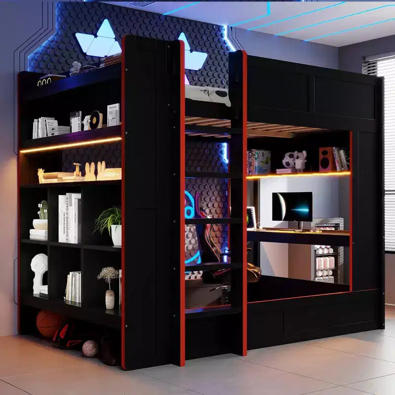 Lit superposé de jeu en bois pleine grandeur avec bureau intégré, étagères de rangement, lumières LED 7 couleurs et station de charge, noir - ModernLuxe