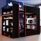 Lit superposé de jeu en bois pleine grandeur avec bureau intégré, étagères de rangement, lumières LED 7 couleurs et station de charge, noir - ModernLuxe