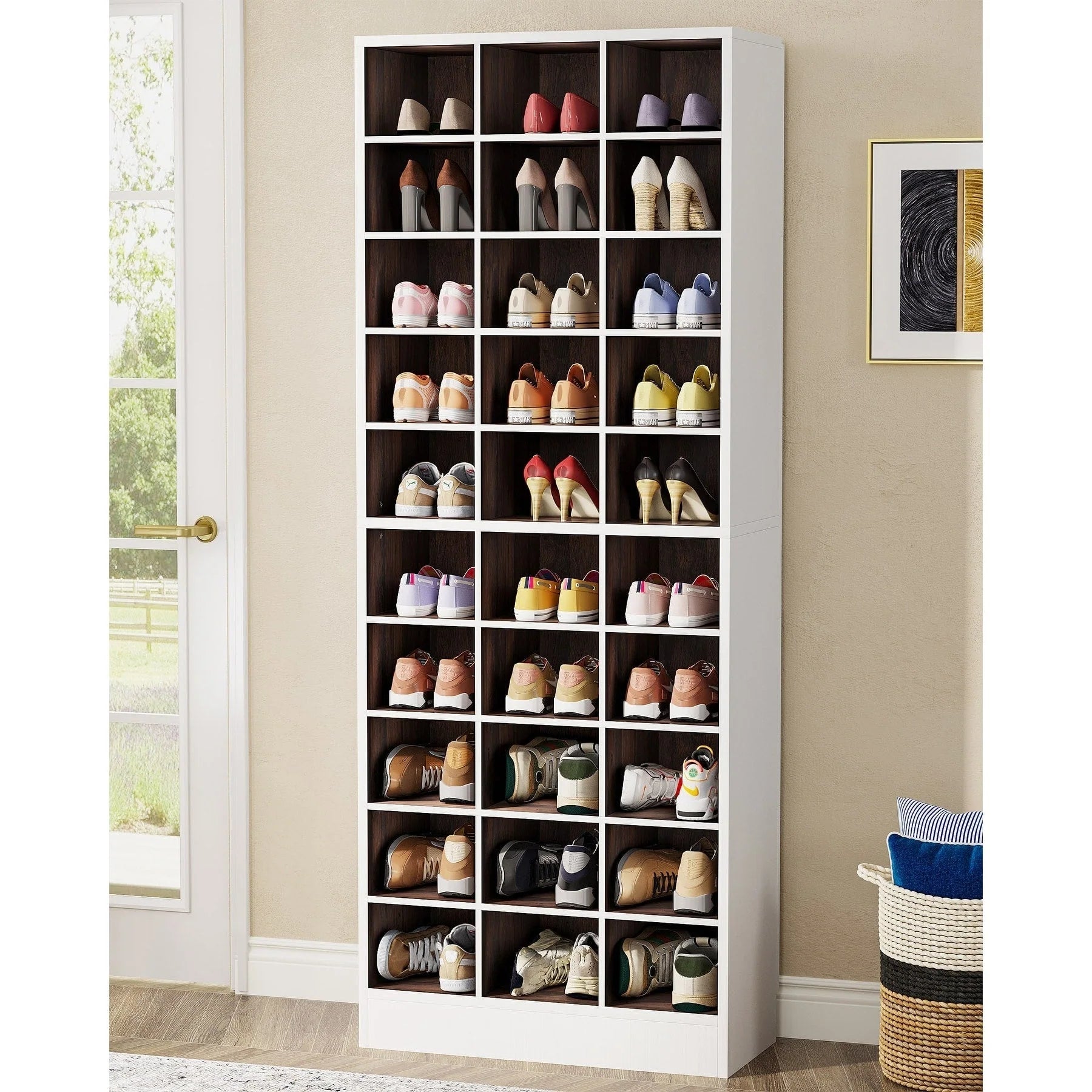 Meuble à chaussures haut 30 paires, étagère de rangement à chaussures en bois blanc 10 niveaux pour placard, entrée - 10 niveaux