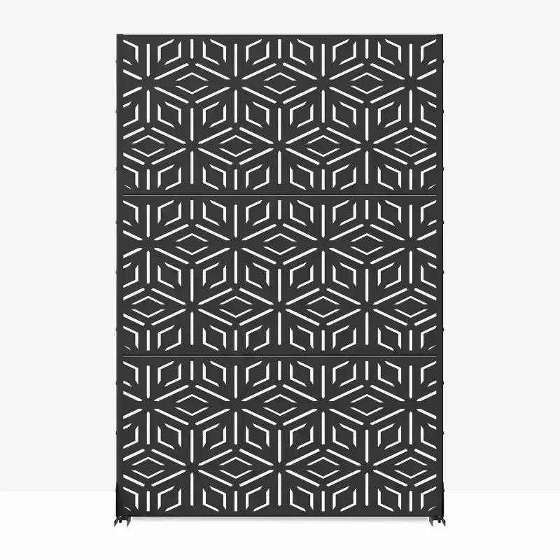 Paravent à 3 panneaux avec motif géométrique – Acier galvanisé noir