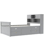 Lit plateforme capitaine double/grand avec 4 tiroirs et étagères de rangement, cadre de lit en bois massif avec tête de lit bibliothèque de rangement