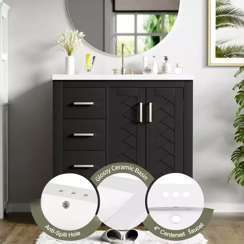 Meuble-lavabo simple de 76 cm avec armoire et 3 tiroirs – Noir / Bleu / Vert / Indigo / Blanc