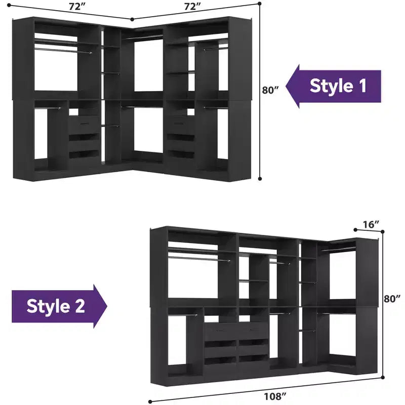 Besiost Lot de 3 dressings d'angle avec étagères et tiroirs, organisateur de placard autoportant avec tringles à vêtements