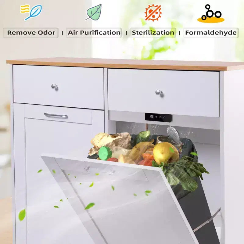 Meuble de cuisine EROMMY à double inclinaison avec 2 tiroirs, meuble poubelle avec rangement sur roulettes, blanc