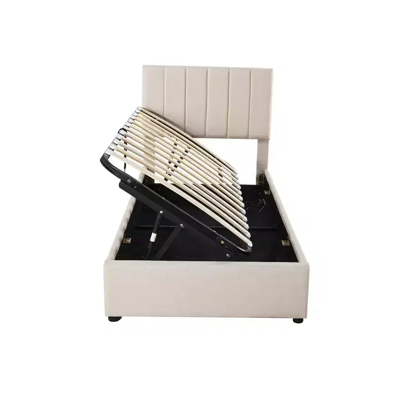 Lit de rangement relevable double Bellemave, lit plateforme tapissé avec système de rangement hydraulique, tête de lit à rayures verticales, beige