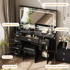 Coiffeuse moderne avec grand miroir, 7 tiroirs, lumières LED, chaise, 3 modes d'éclairage, support pour sèche-cheveux et station de recharge pour chambre à coucher