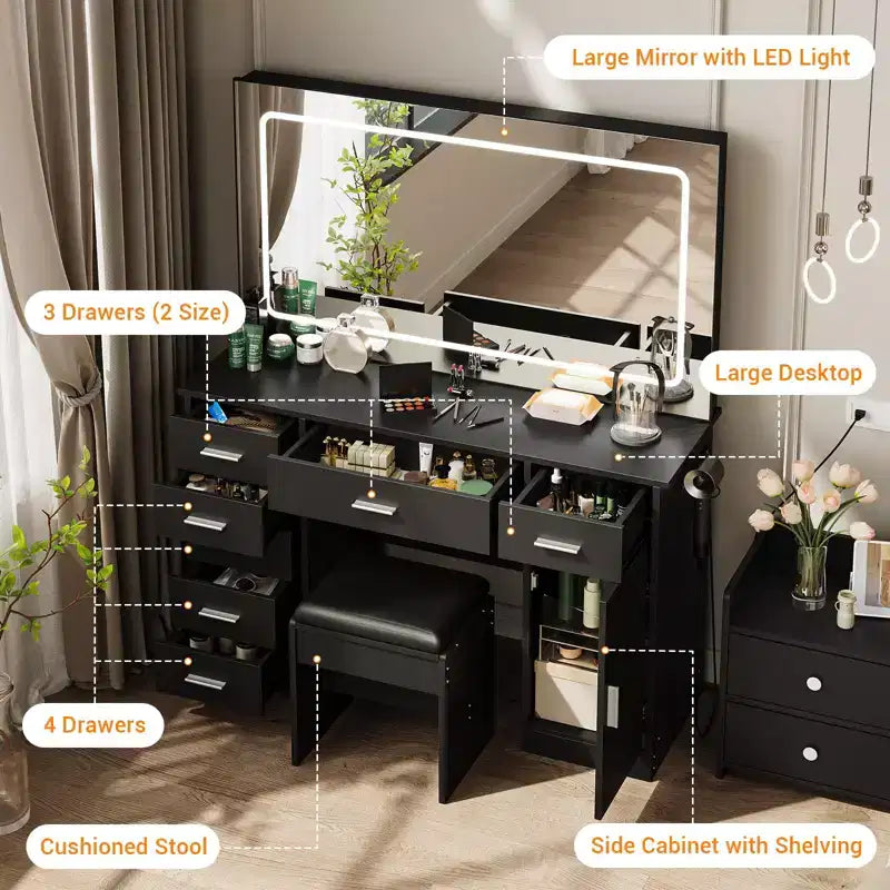 Coiffeuse moderne avec grand miroir, 7 tiroirs, lumières LED, chaise, 3 modes d'éclairage, support pour sèche-cheveux et station de recharge pour chambre à coucher