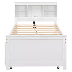 Lit plateforme avec lit gigogne et tiroirs, lit plateforme de rangement avec USB, lit plateforme en bois avec bibliothèque