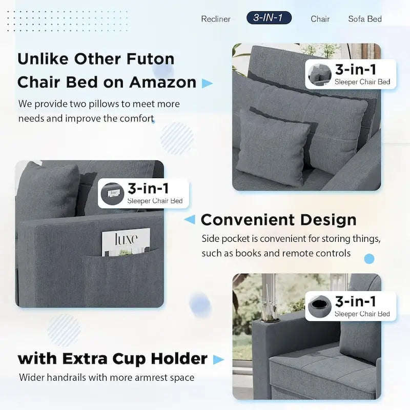 Fauteuil convertible 3-en-1, plusieurs coloris, une place