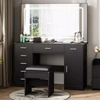 Coiffeuse moderne avec grand miroir, 7 tiroirs, lumières LED, chaise, 3 modes d'éclairage, support pour sèche-cheveux et station de recharge pour chambre à coucher