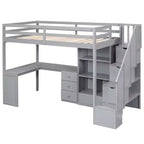 Lit mezzanine une place avec bureau en L, 3 tiroirs, placard, rangements intégrés dans l'escalier, en pin massif/MDF