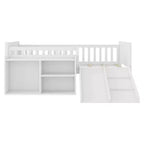 Lit superposé simple Whisen pour enfant avec toboggan, étagère de rangement mobile, balustrades, cadre de lit mezzanine bas