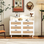 Commode en rotin à 6 tiroirs avec lumières LED et prise de courant, Blanc