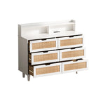 Commode en rotin à 6 tiroirs avec lumières LED et prise de courant, Blanc