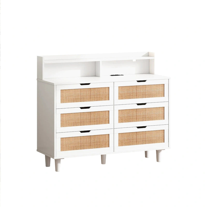 Commode en rotin à 6 tiroirs avec lumières LED et prise de courant, Blanc