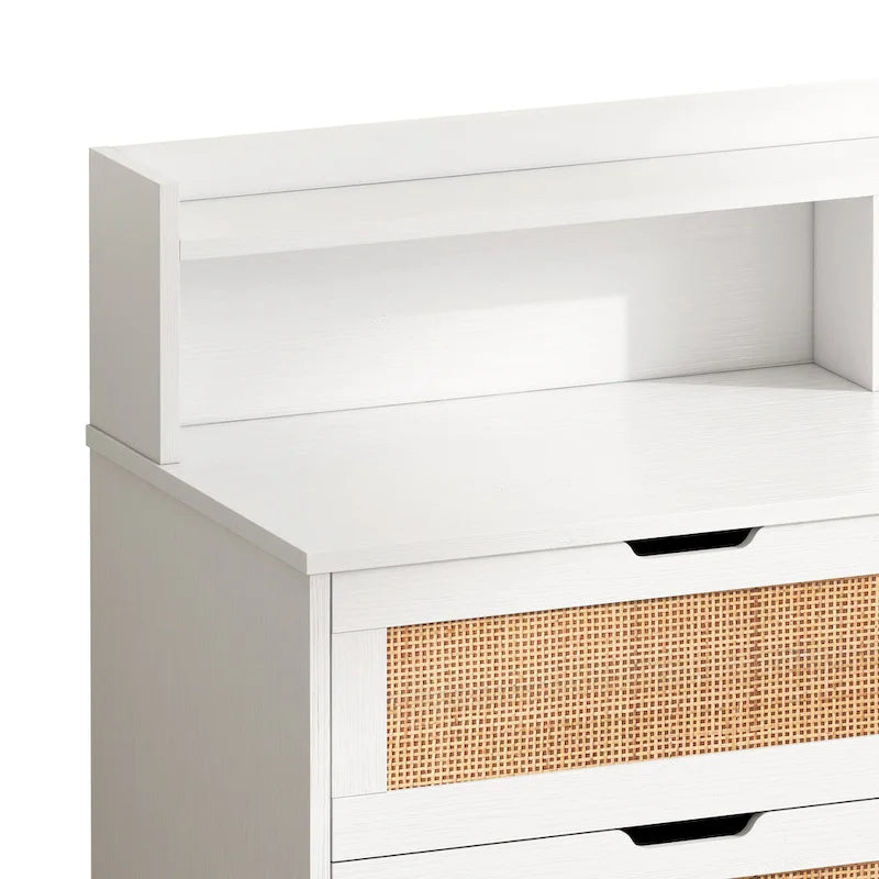Commode en rotin à 6 tiroirs avec lumières LED et prise de courant, Blanc