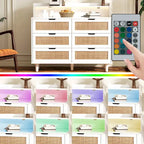 Commode en rotin à 6 tiroirs avec lumières LED et prise de courant, Blanc
