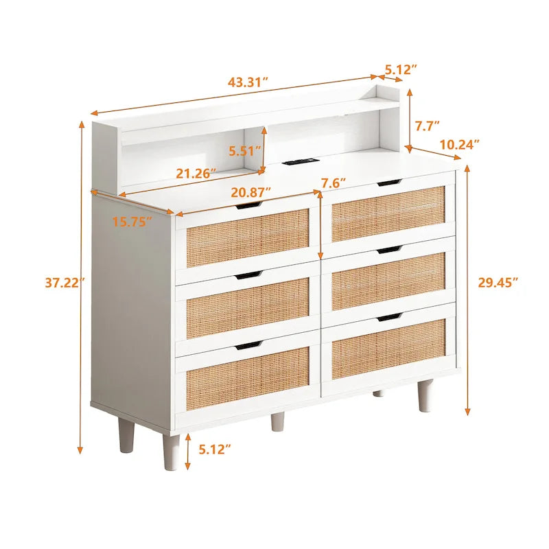 Commode en rotin à 6 tiroirs avec lumières LED et prise de courant, Blanc