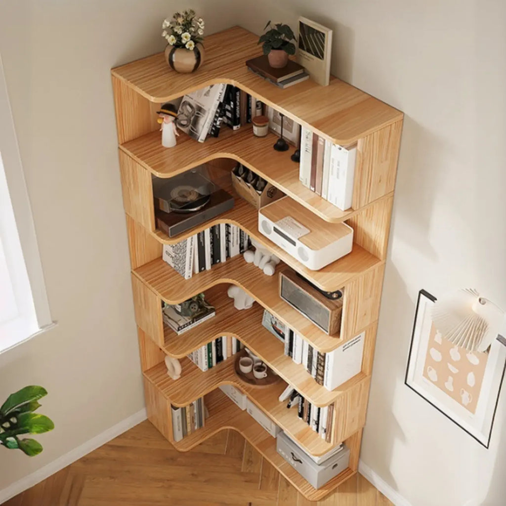 Bibliothèque verticale en bois en L à dos ouvert, finition naturelle