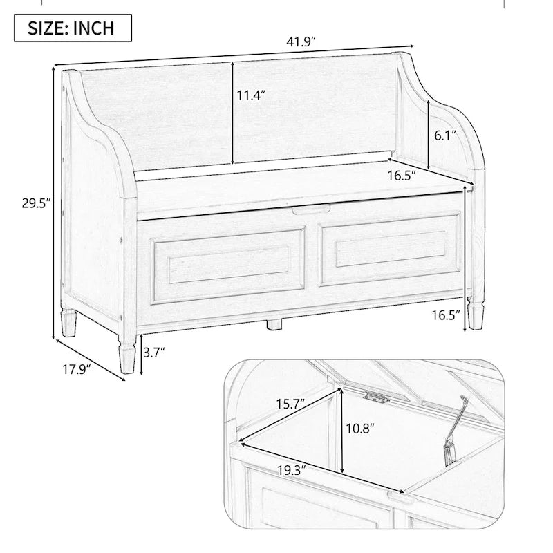 Banc de rangement multifonctionnel de style rustique TREXM avec charnière de sécurité