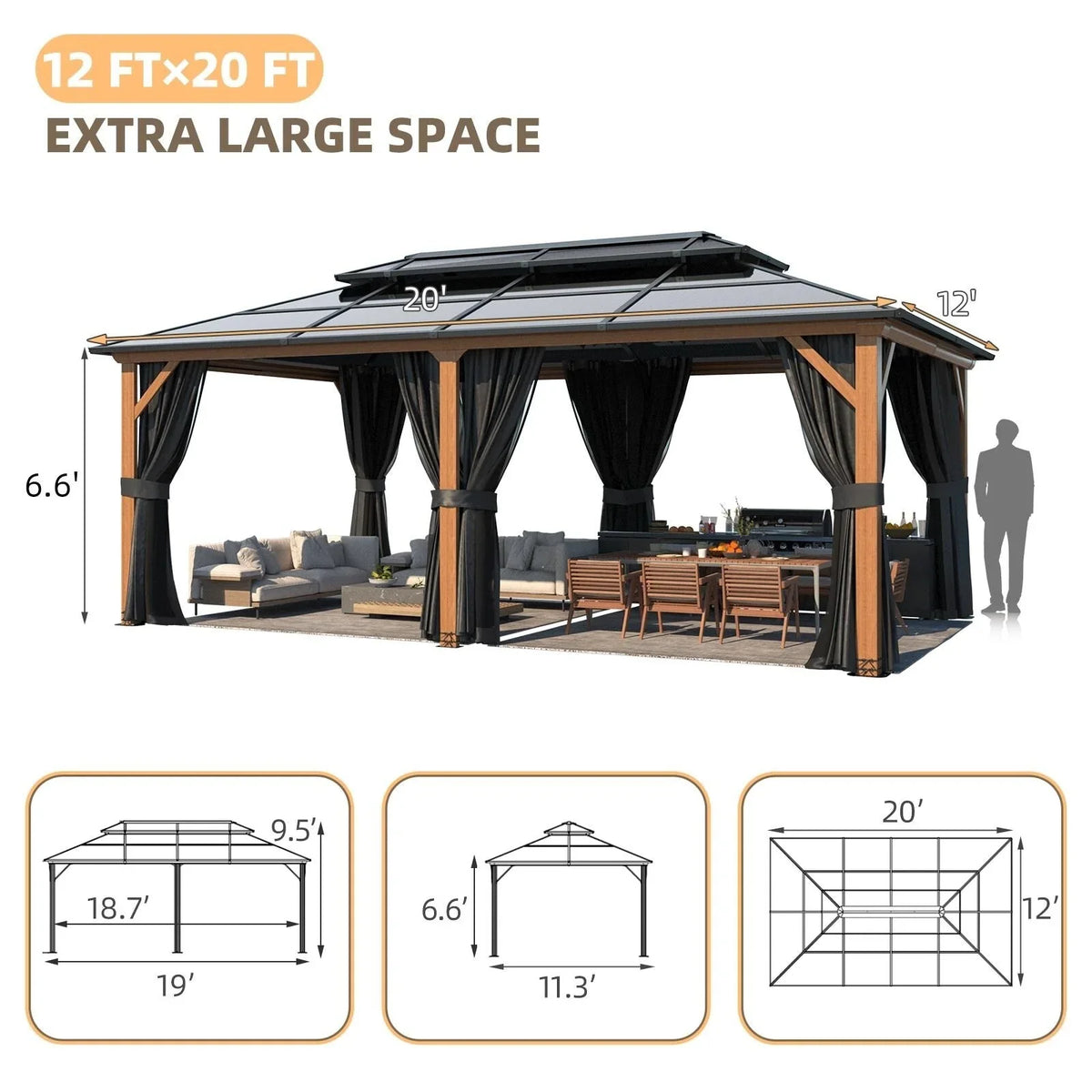 Tonnelle EROMMY à toit rigide, pergola extérieure avec double toit, moustiquaire et rideaux, auvent robuste pour patio, jardin, fête au bord de la piscine