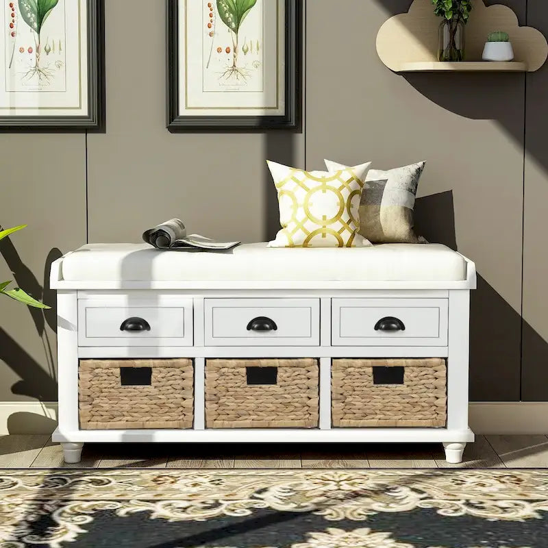 Banc de rangement rustique avec 3 tiroirs et 3 paniers en rotin
