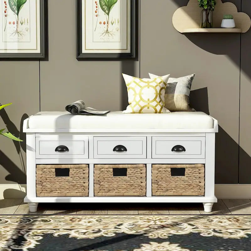 Banc de rangement rustique avec 3 tiroirs et 3 paniers en rotin