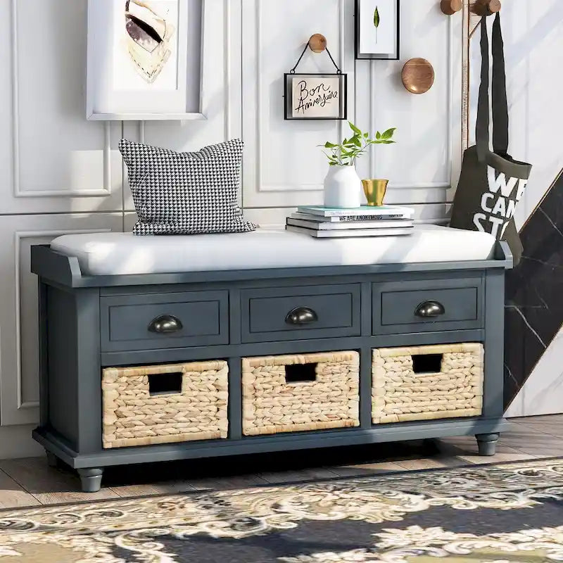 Banc de rangement rustique avec 3 tiroirs et 3 paniers en rotin