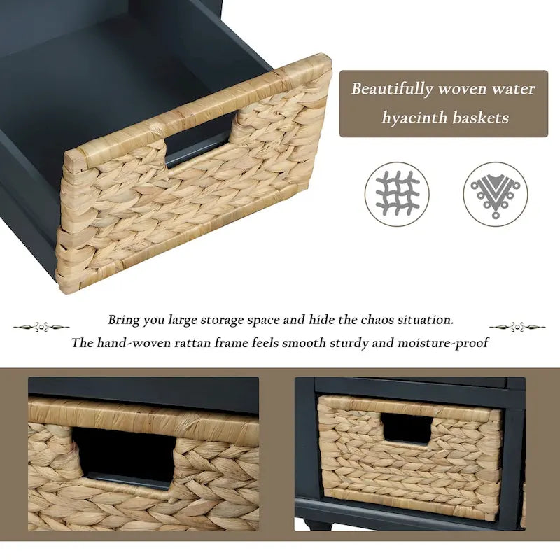 Banc de rangement rustique avec 3 tiroirs et 3 paniers en rotin