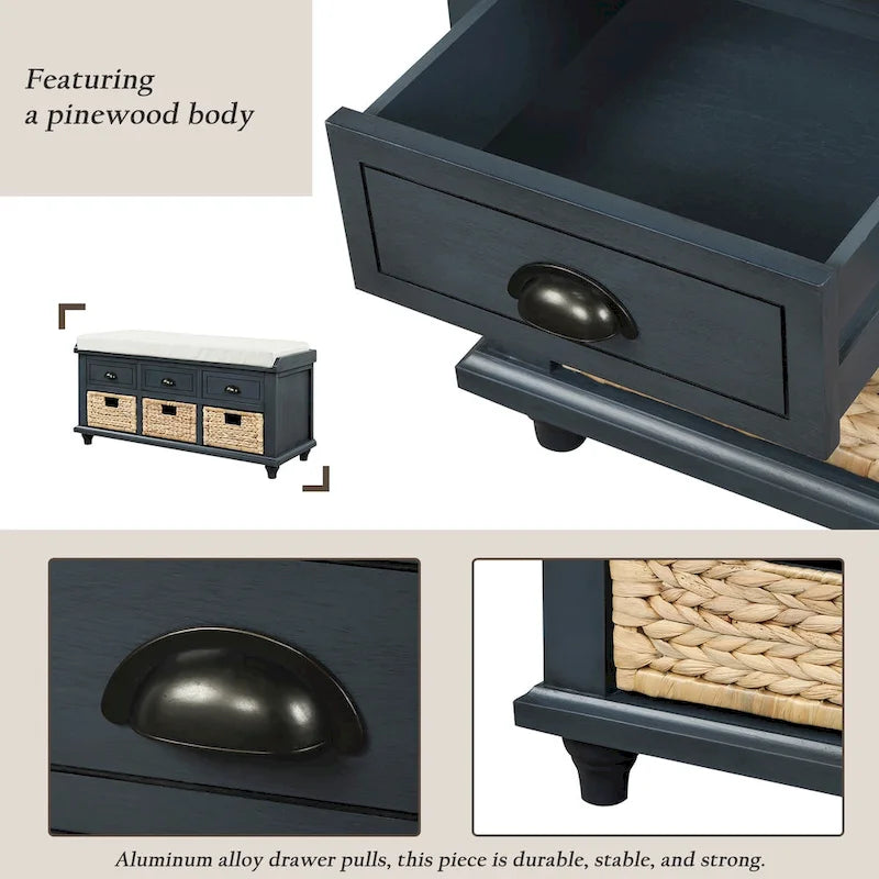 Banc de rangement rustique avec 3 tiroirs et 3 paniers en rotin