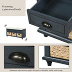 Banc de rangement rustique avec 3 tiroirs et 3 paniers en rotin