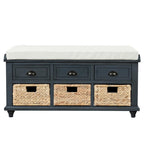 Banc de rangement rustique avec 3 tiroirs et 3 paniers en rotin