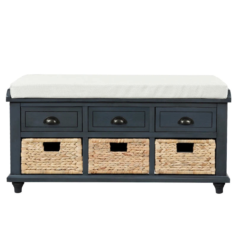 Banc de rangement rustique avec 3 tiroirs et 3 paniers en rotin
