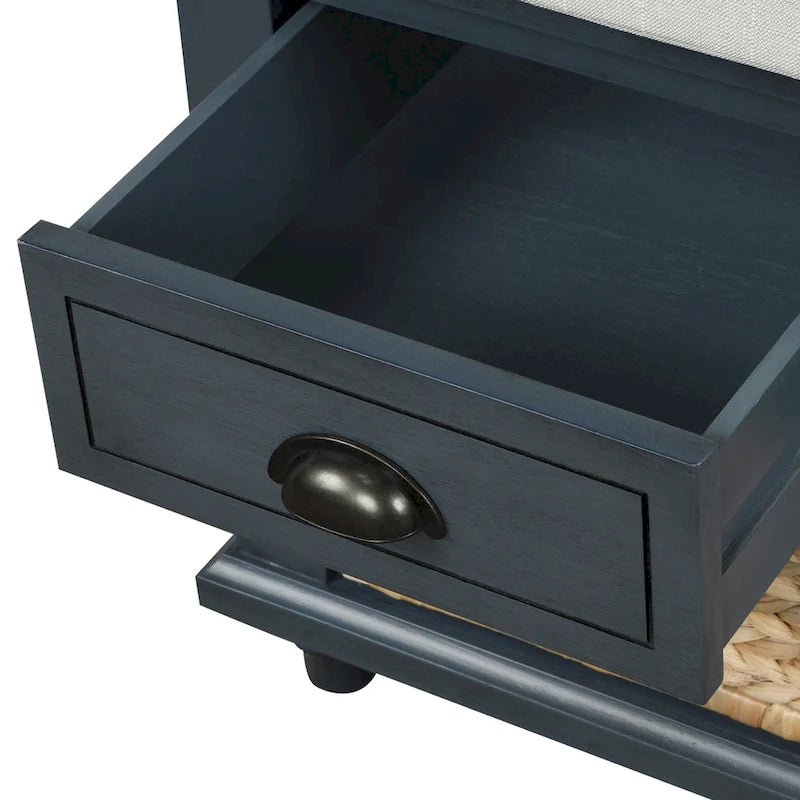 Banc de rangement rustique avec 3 tiroirs et 3 paniers en rotin