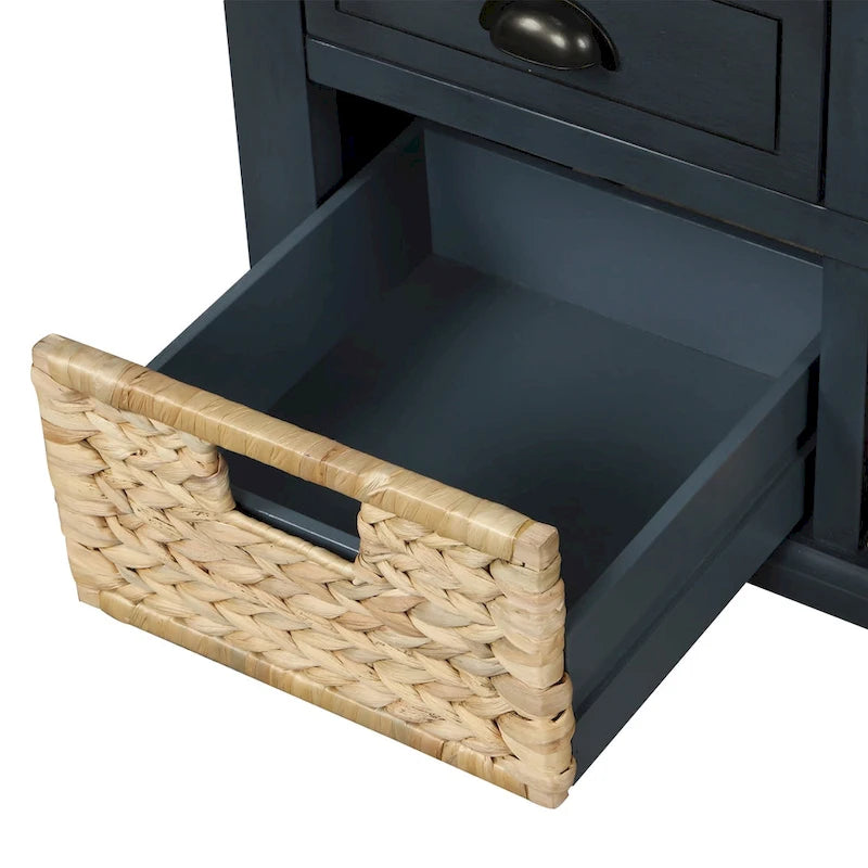 Banc de rangement rustique avec 3 tiroirs et 3 paniers en rotin