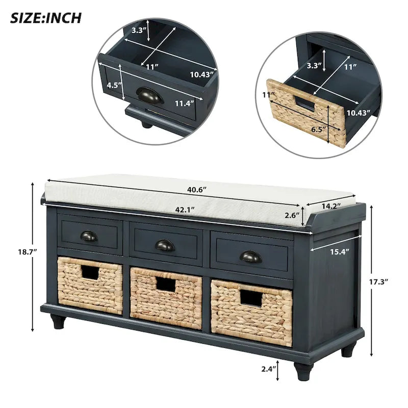 Banc de rangement rustique avec 3 tiroirs et 3 paniers en rotin