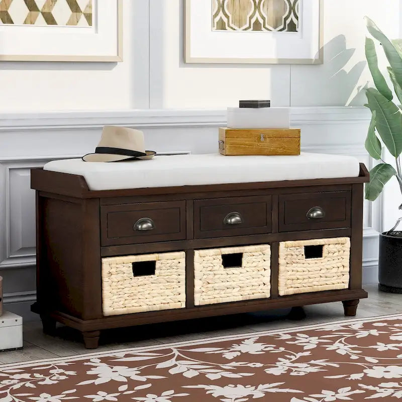 Banc de rangement rustique avec 3 tiroirs et 3 paniers en rotin