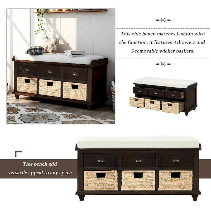 Banc de rangement rustique avec 3 tiroirs et 3 paniers en rotin