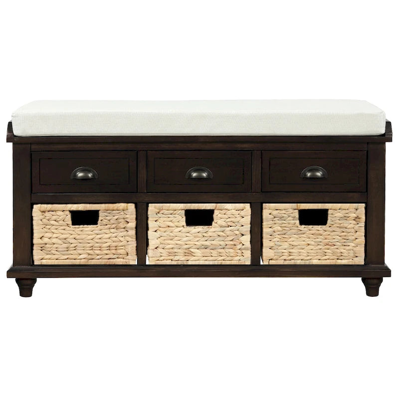 Banc de rangement rustique avec 3 tiroirs et 3 paniers en rotin