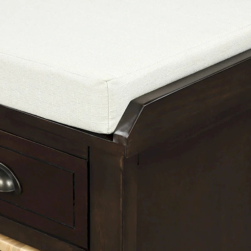 Banc de rangement rustique avec 3 tiroirs et 3 paniers en rotin