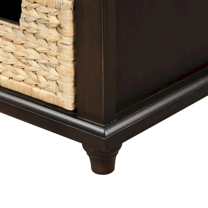 Banc de rangement rustique avec 3 tiroirs et 3 paniers en rotin