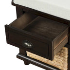 Banc de rangement rustique avec 3 tiroirs et 3 paniers en rotin