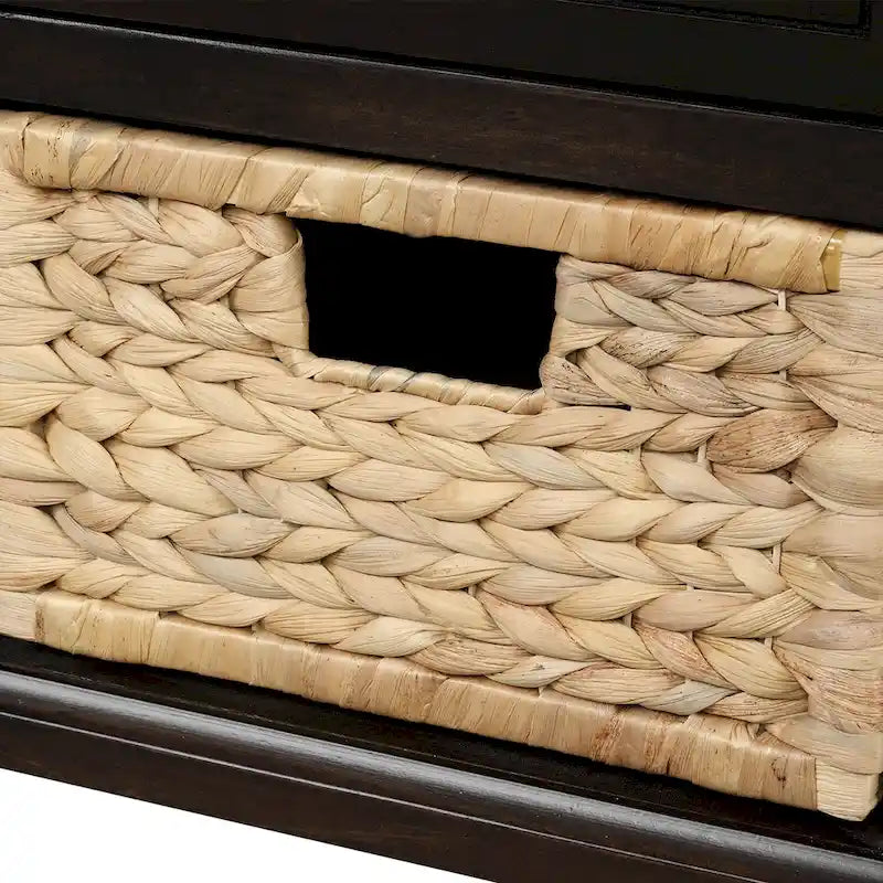 Banc de rangement rustique avec 3 tiroirs et 3 paniers en rotin