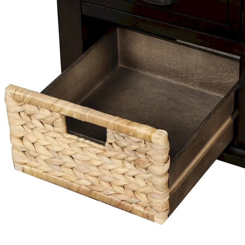 Banc de rangement rustique avec 3 tiroirs et 3 paniers en rotin