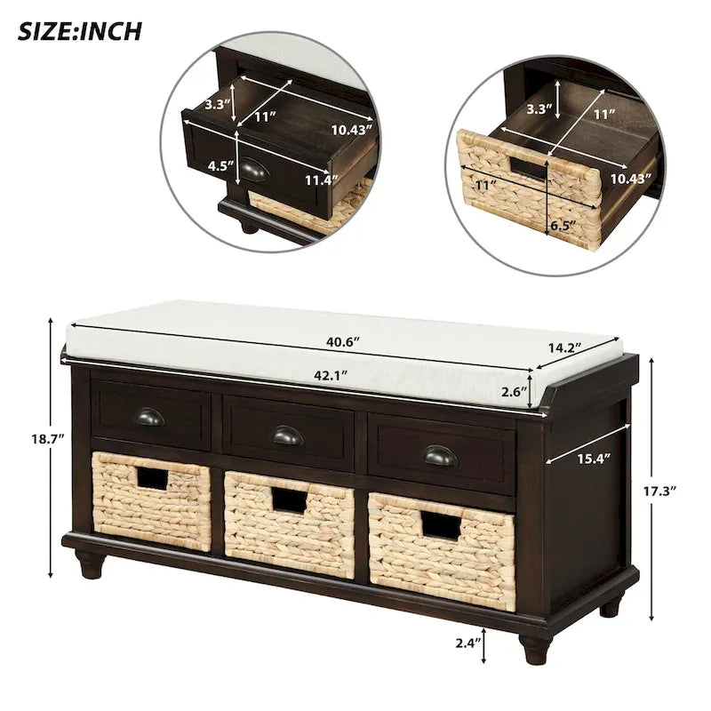 Banc de rangement rustique avec 3 tiroirs et 3 paniers en rotin