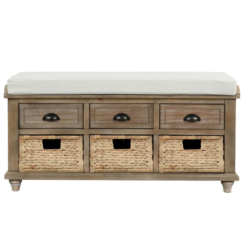 Banc de rangement rustique avec 3 tiroirs et 3 paniers en rotin